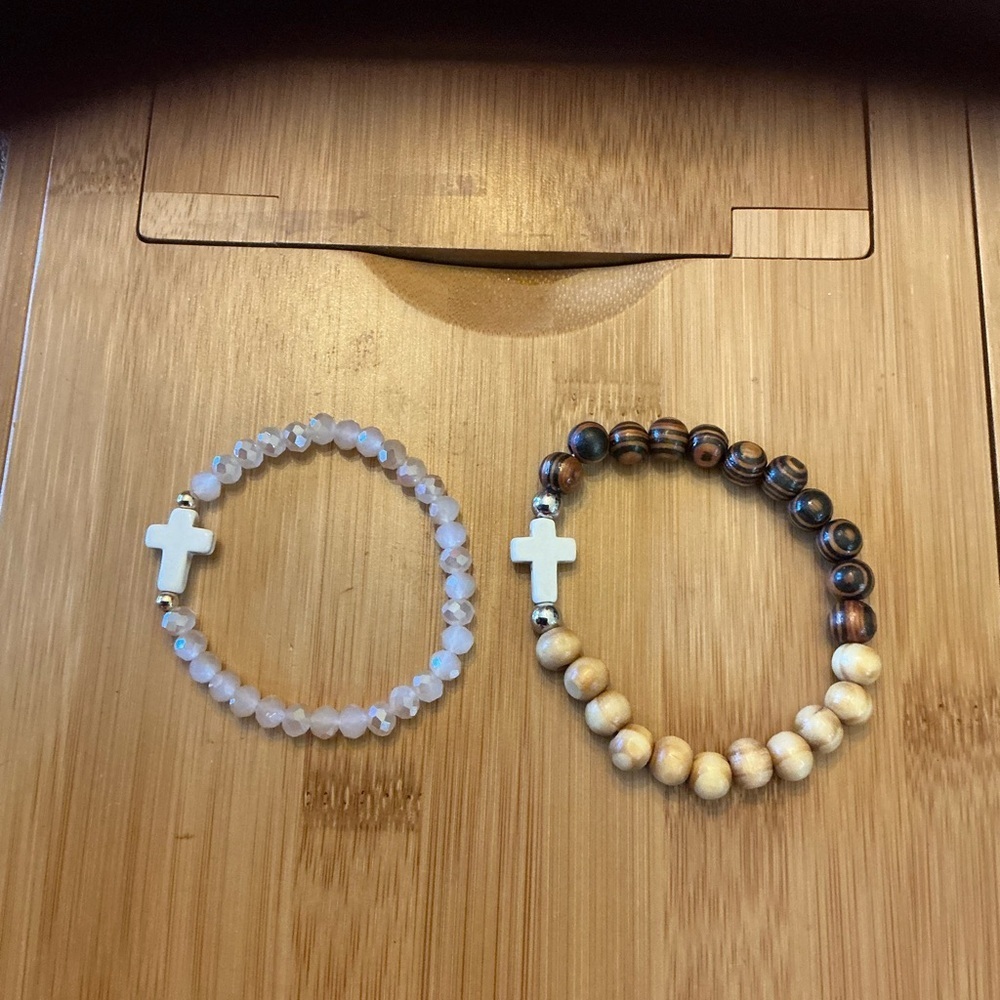 Beaded Cross Stretch Bracelets - Wood & Iridescent